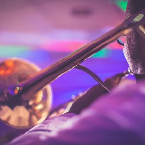 Back view unrecognizable professional male trumpet player performing live classical music during concert in modern music hall