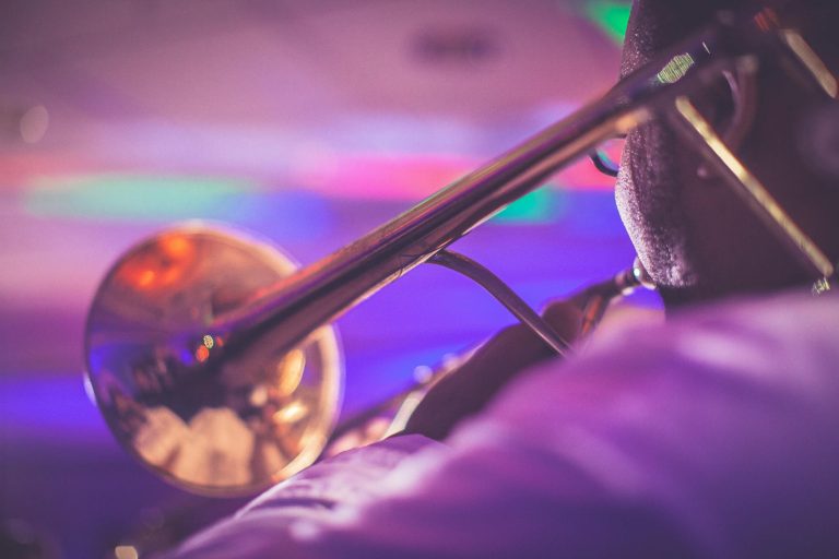 Back view unrecognizable professional male trumpet player performing live classical music during concert in modern music hall