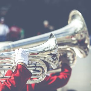 Musicians play brass instruments in a lively outdoor parade, with reflections on shiny surfaces.